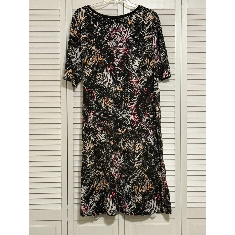 Cuddl Duds Womens Tropical Palm Print Tie Waist Dress P2X Black Pink Knit Casual